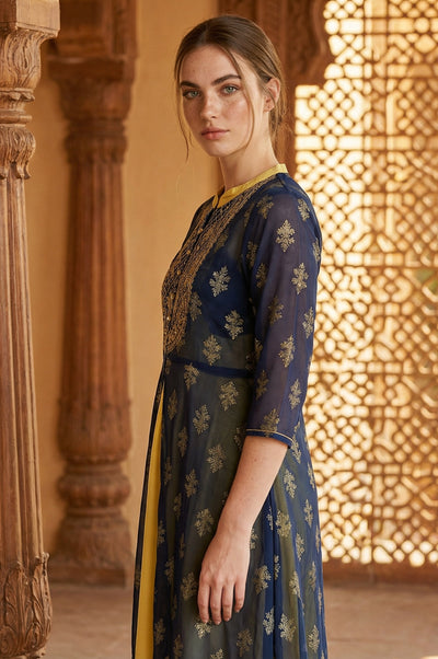 Blue Embroidered Gillet & Dress Set