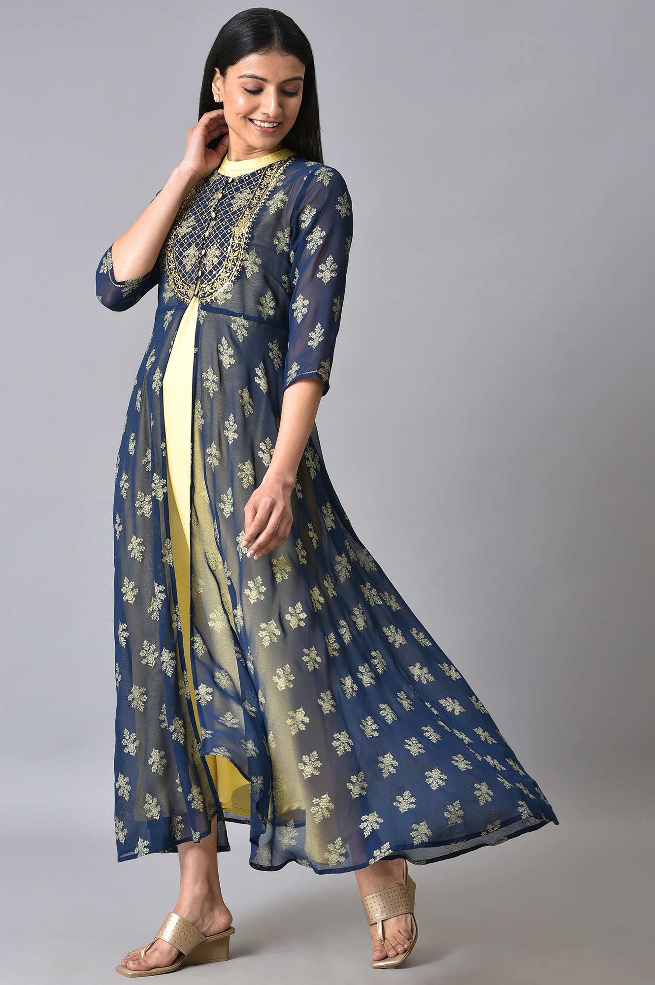 Blue Embroidered Gillet &amp; Dress Set