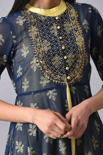 Blue Embroidered Gillet & Dress Set