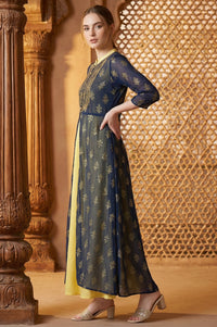 Blue Embroidered Gillet &amp; Dress Set