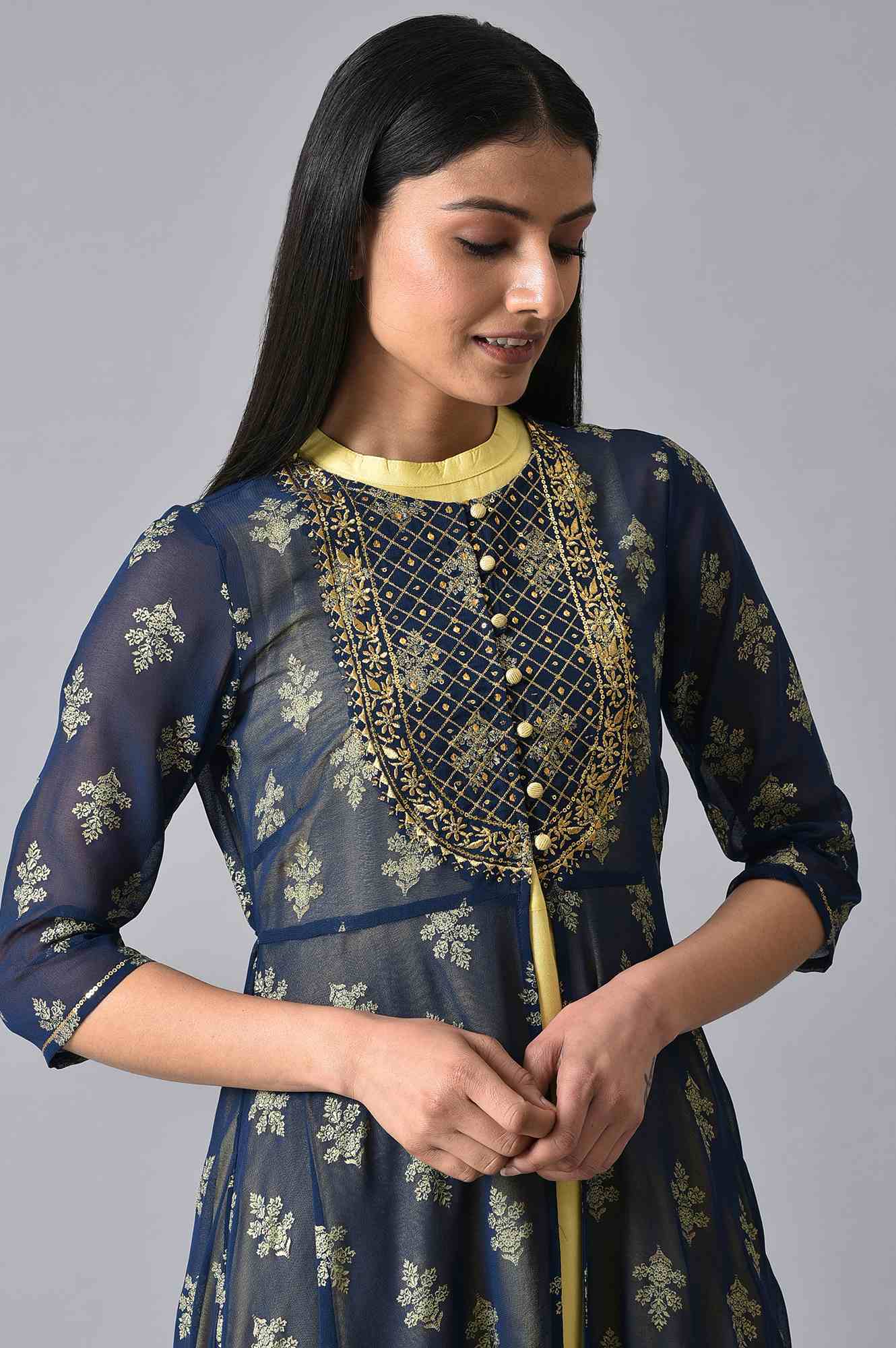 Blue Embroidered Gillet &amp; Dress Set