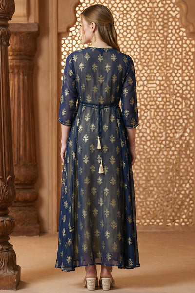 Blue Embroidered Gillet & Dress Set