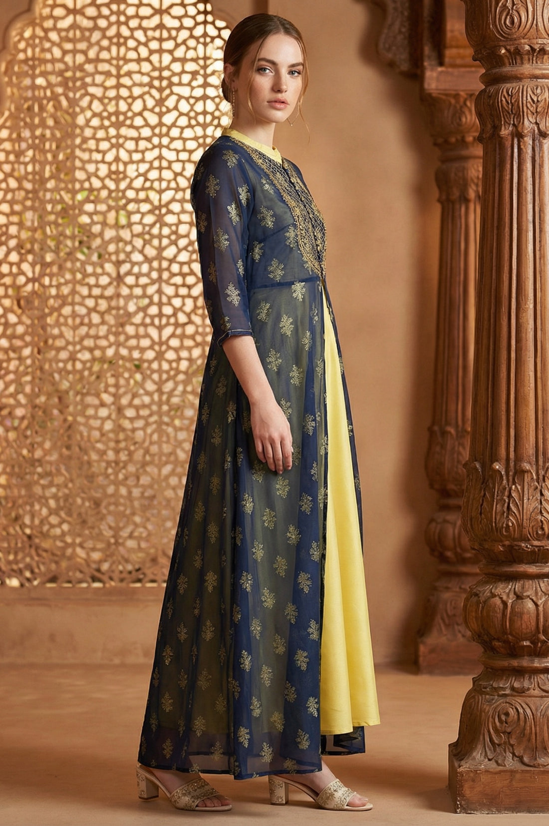 Blue Embroidered Gillet &amp; Dress Set