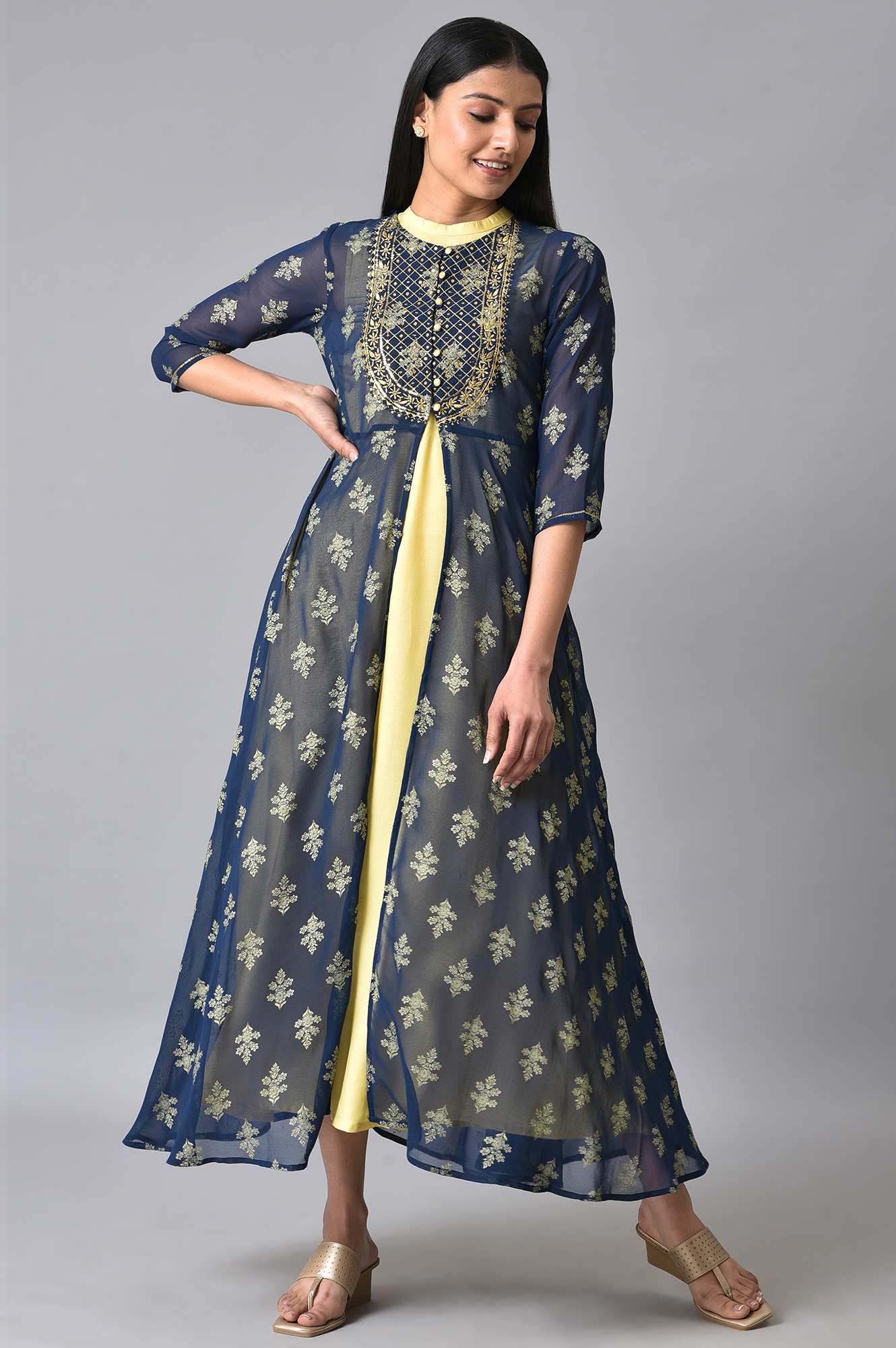 Blue Embroidered Gillet &amp; Dress Set