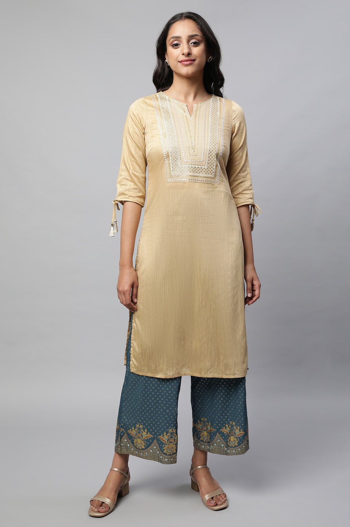 Golden Embroidered Ethnic kurta - S