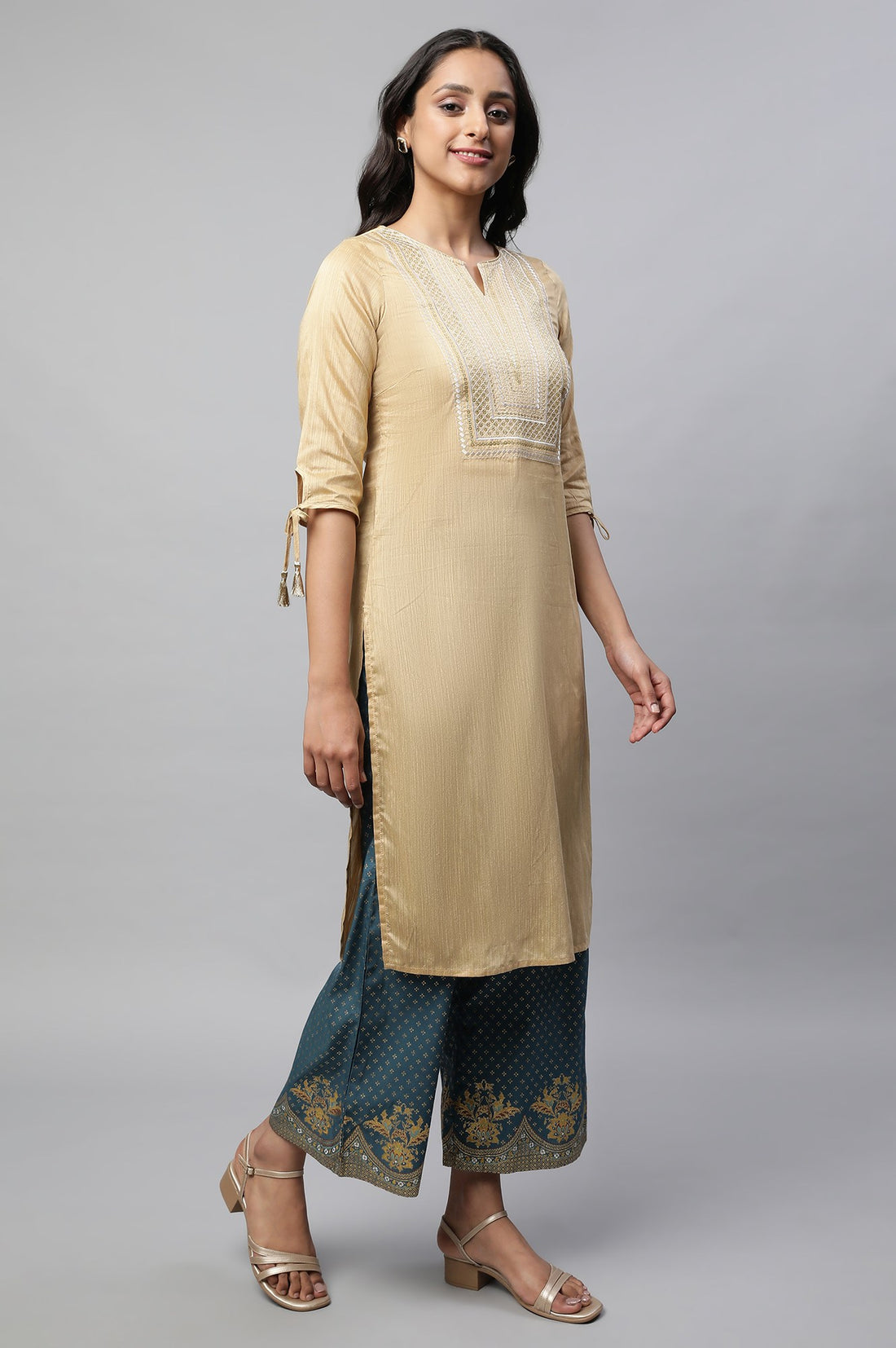 Beige Light Festive Zari Embroidered Kurta