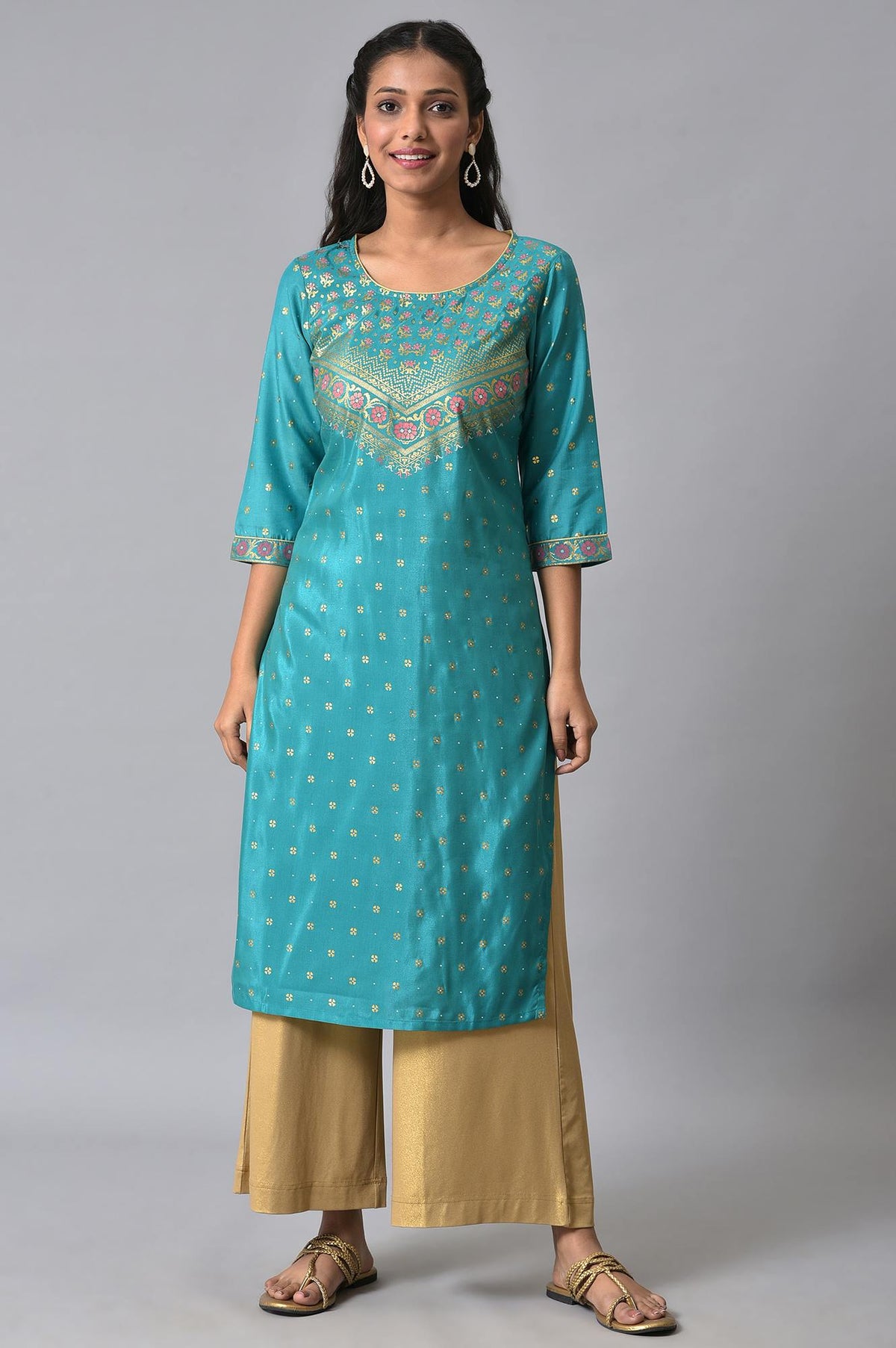 Green Floral Printed Round Neck kurta - XS