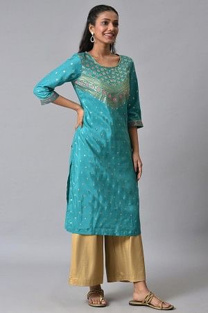 Green Floral Printed Round Neck Kurta