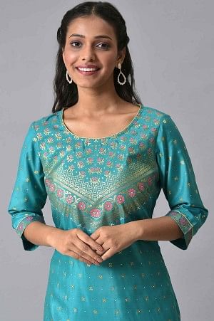 Green Floral Printed Round Neck Kurta