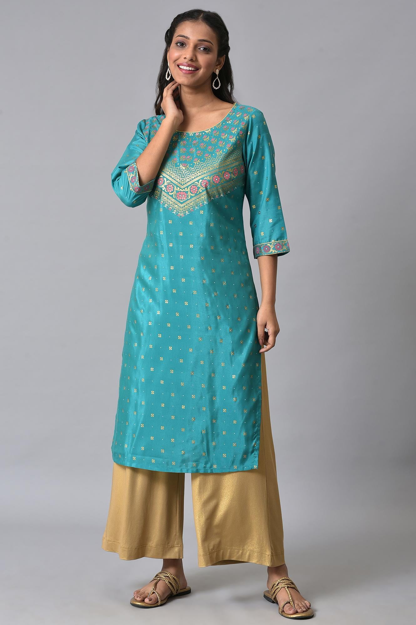 Green Floral Printed Round Neck kurta