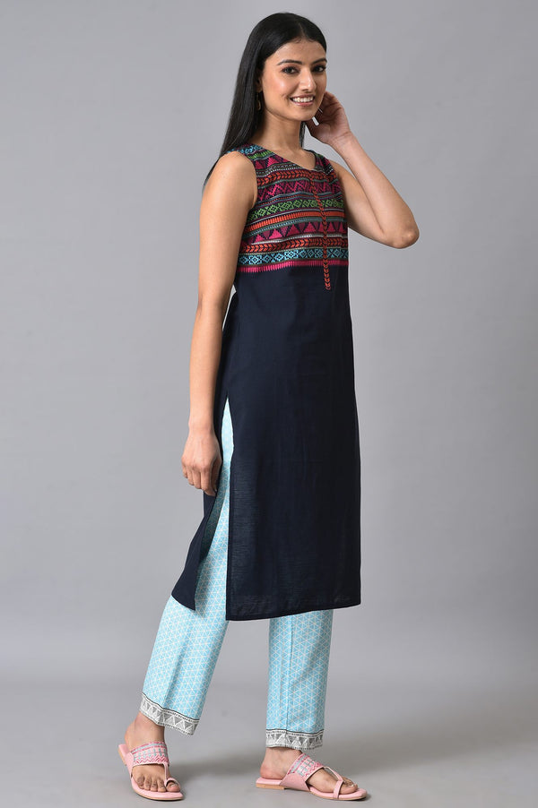 Blue Straight Sleeveless Kurta
