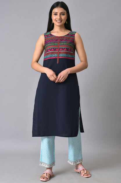 Blue Straight Sleeveless Kurta