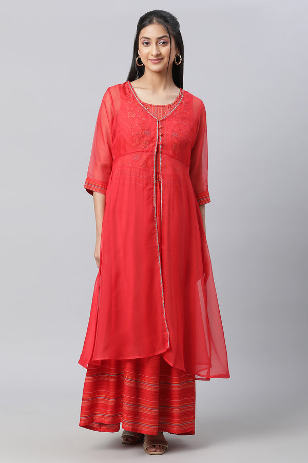 Red Embroidered Organza Gillet & Printed Dress
