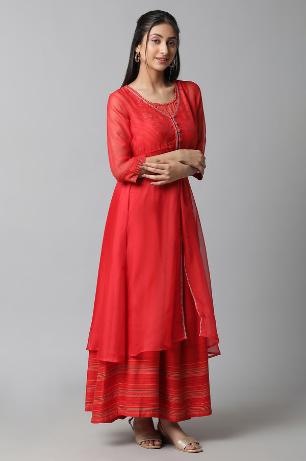 Red Embroidered Organza Gillet & Printed Dress