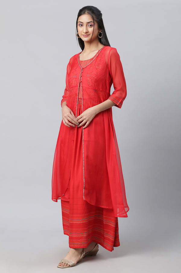 Red Embroidered Organza Gillet & Printed Dress