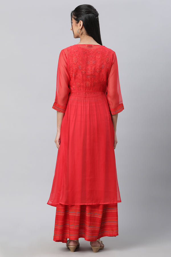 Red Embroidered Organza Gillet & Printed Dress