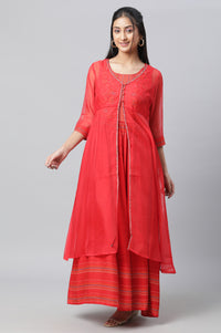 Red Embroidered Organza Gillet &amp; Printed Dress