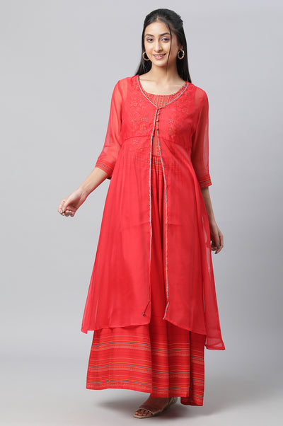 Red Embroidered Organza Gillet & Printed Dress