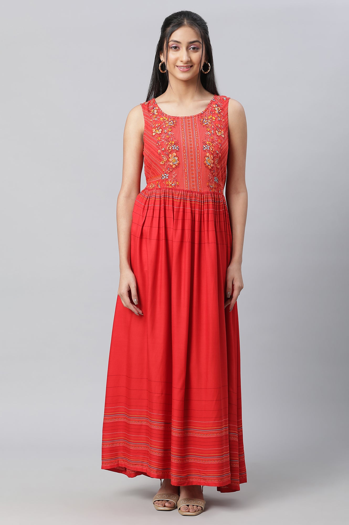 Red Embroidered Organza Gillet &amp; Printed Dress