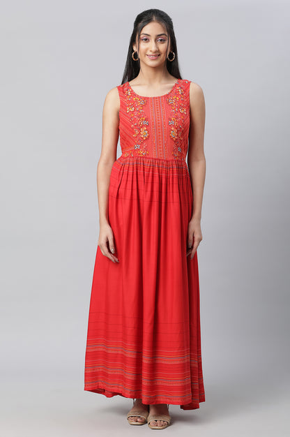 Red Embroidered Organza Gillet &amp; Printed Dress