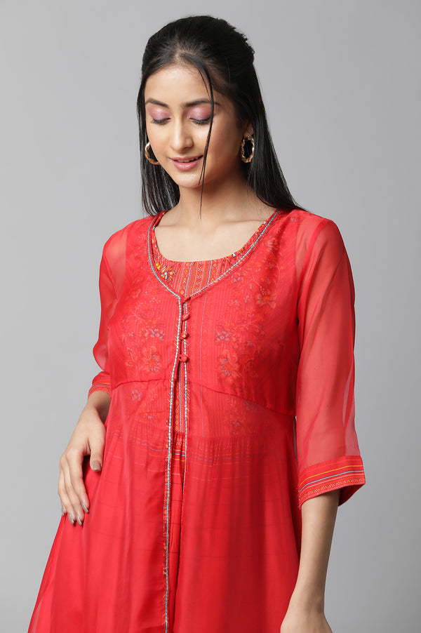Red Embroidered Organza Gillet & Printed Dress