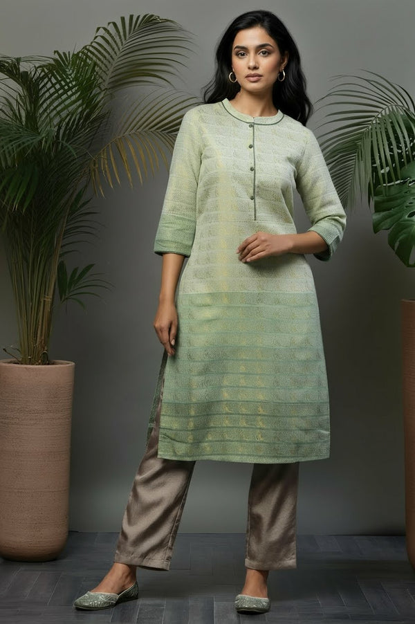 Green Colour Blocked Zari Dobby Kurta