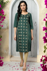 Green Zari Embroidered Ethnic Liva Kurta