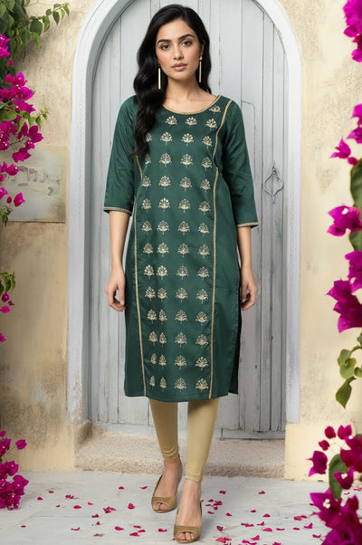 Green Zari Embroidered Ethnic Liva Kurta