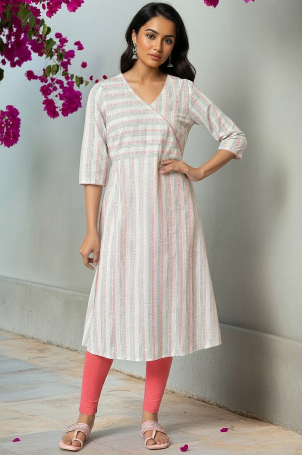 White A-Line Printed V-Neck Kurta
