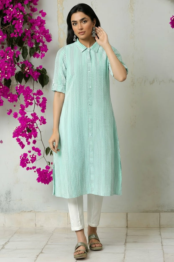 Green A-Line Shirt Collar Kurta