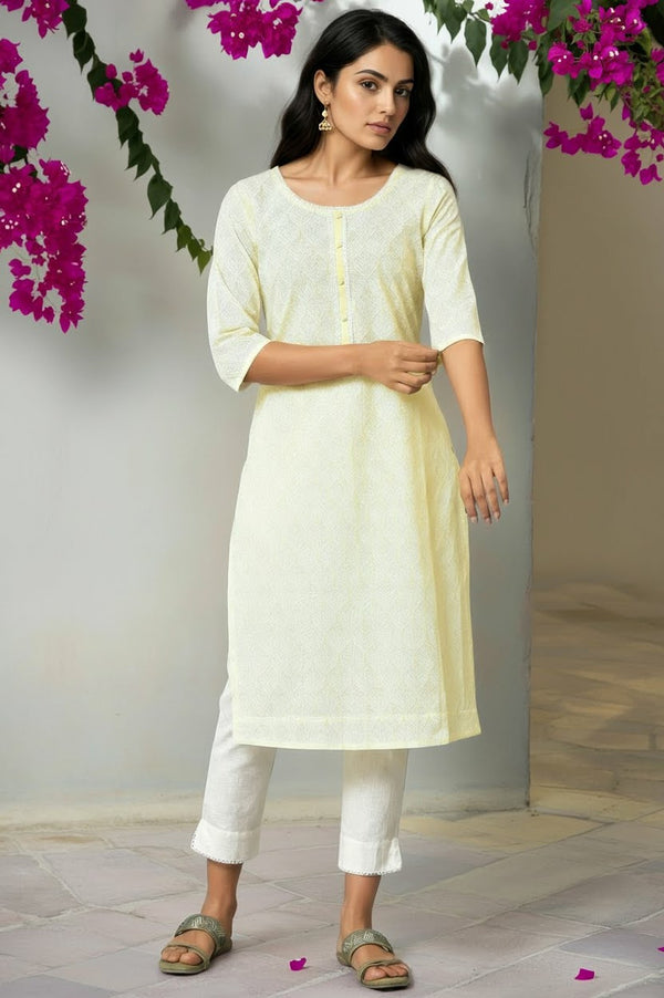Yellow Printed Cotton Kurta