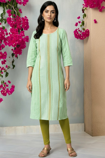 Green Cotton Dobby Printed Kurta