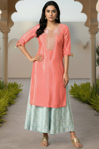 Peach Zari Embroidered Kurta