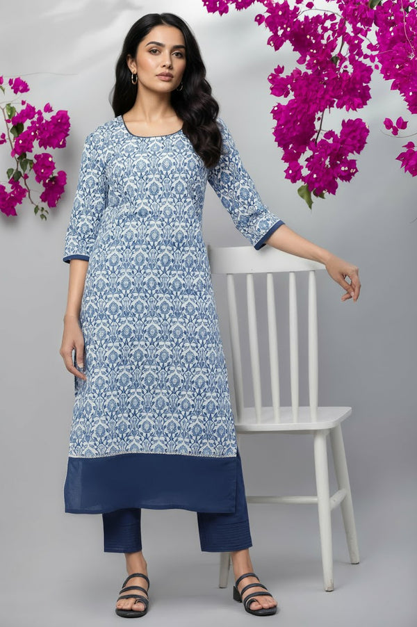 White Straight Kurta in Indigo Floral Print