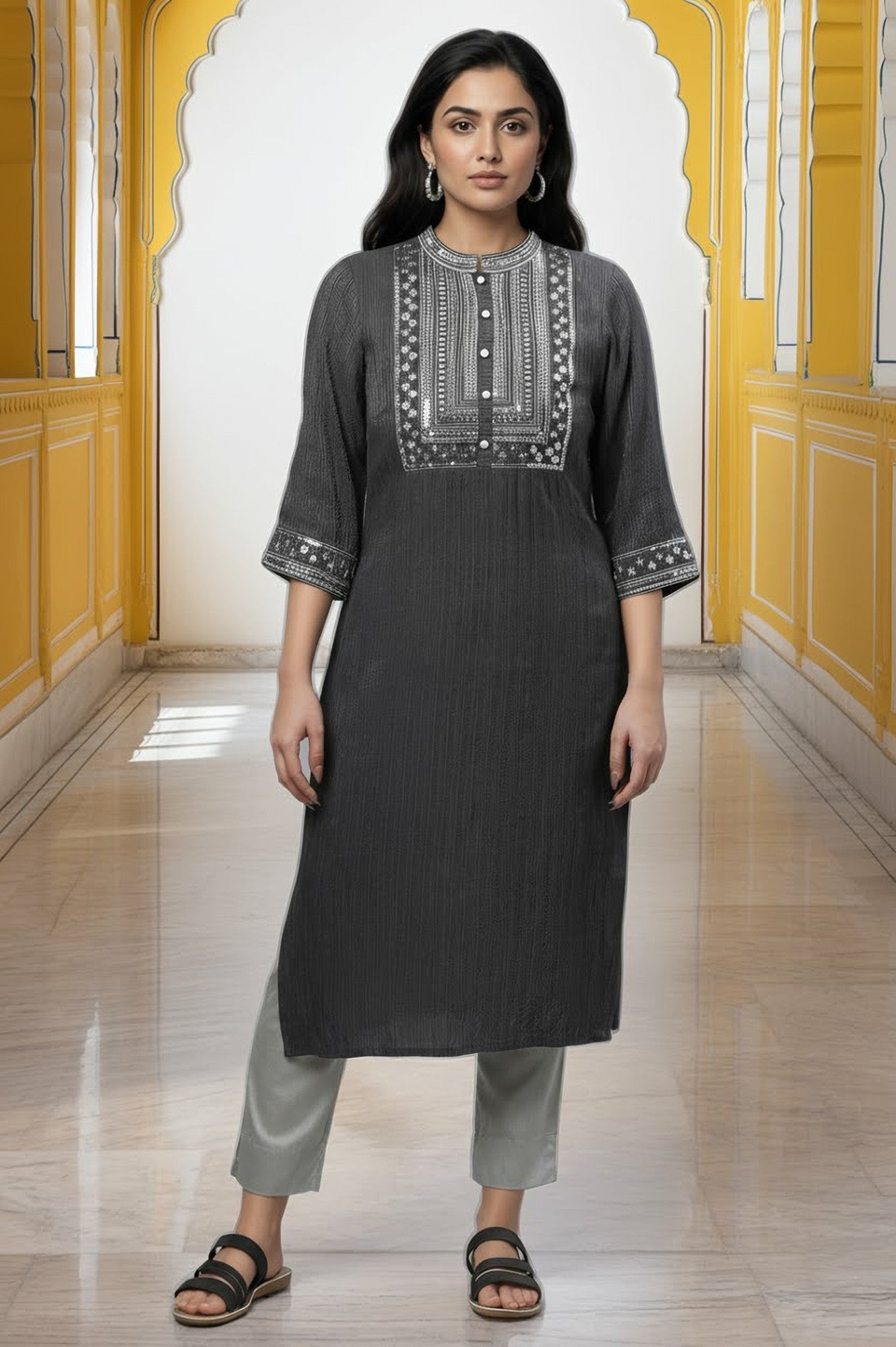 Grey Embellished Lurex Stripes Kurta
