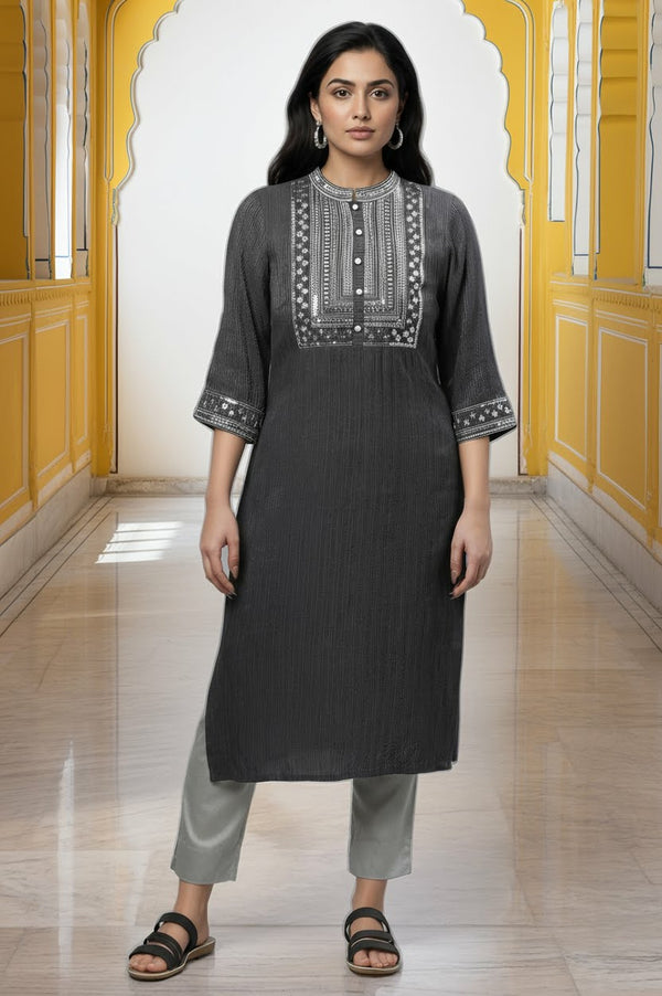 Grey Embellished Lurex Stripes Kurta