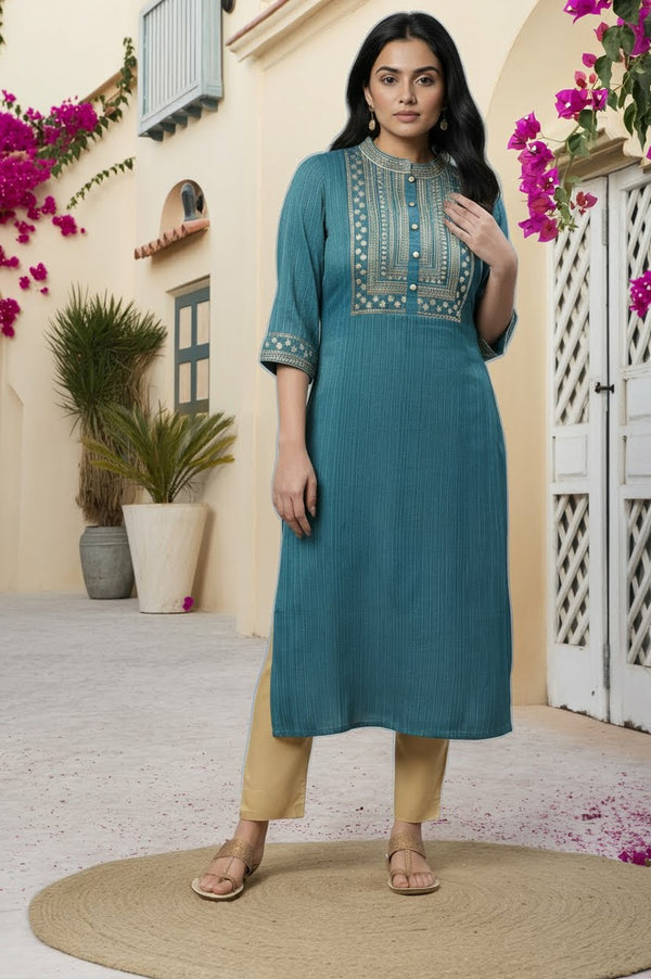 Blue Embellished Lurex Stripes Kurta