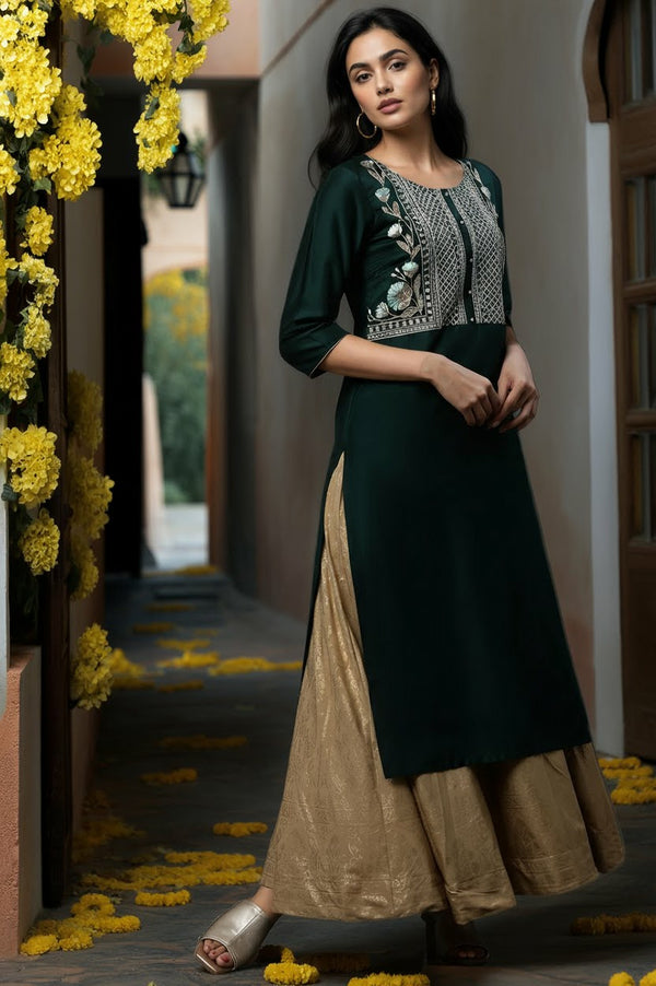Dark Green Embroidered Yoke Festive Kurta