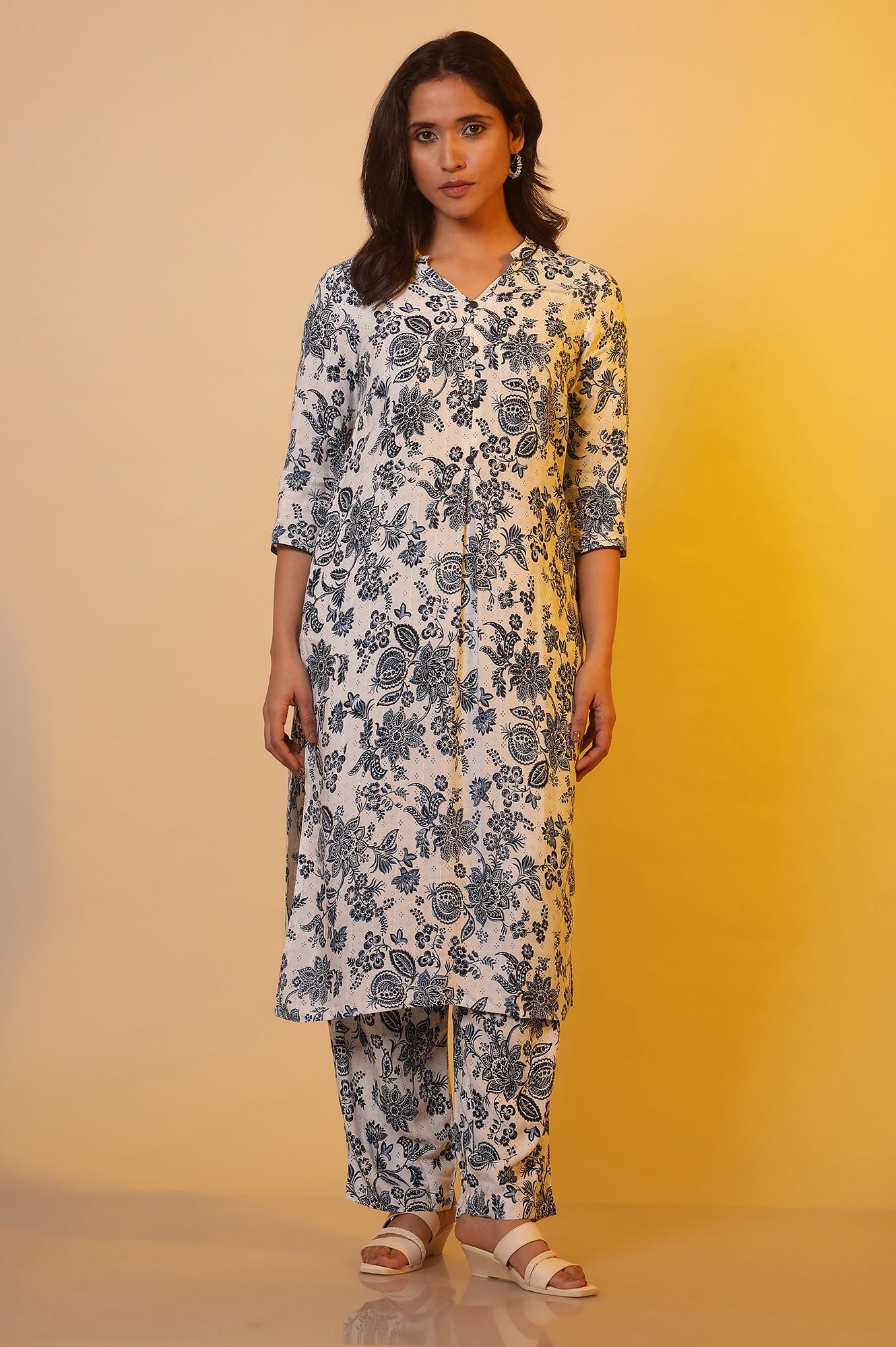 White and Blue Floral Printed Rayon Straight Kurta