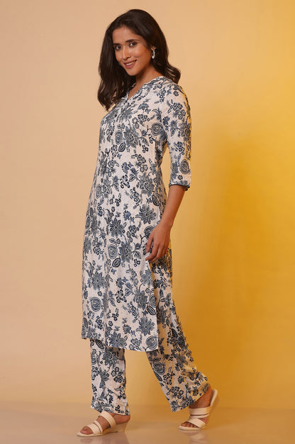 White and Blue Floral Printed Rayon Straight Kurta