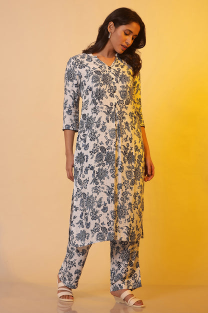 White and Blue Floral Printed Rayon Straight Kurta