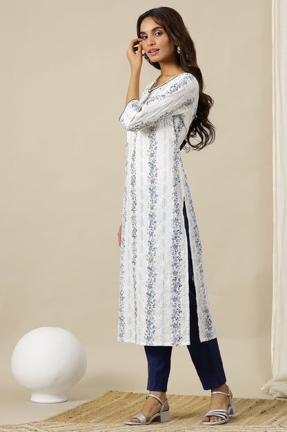 White and Blue Floral Printed Pure Cotton Straight Kurta