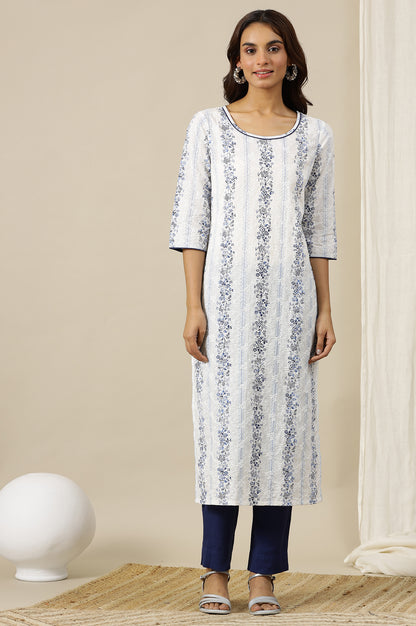 White and Blue Floral Printed Pure Cotton Straight Kurta