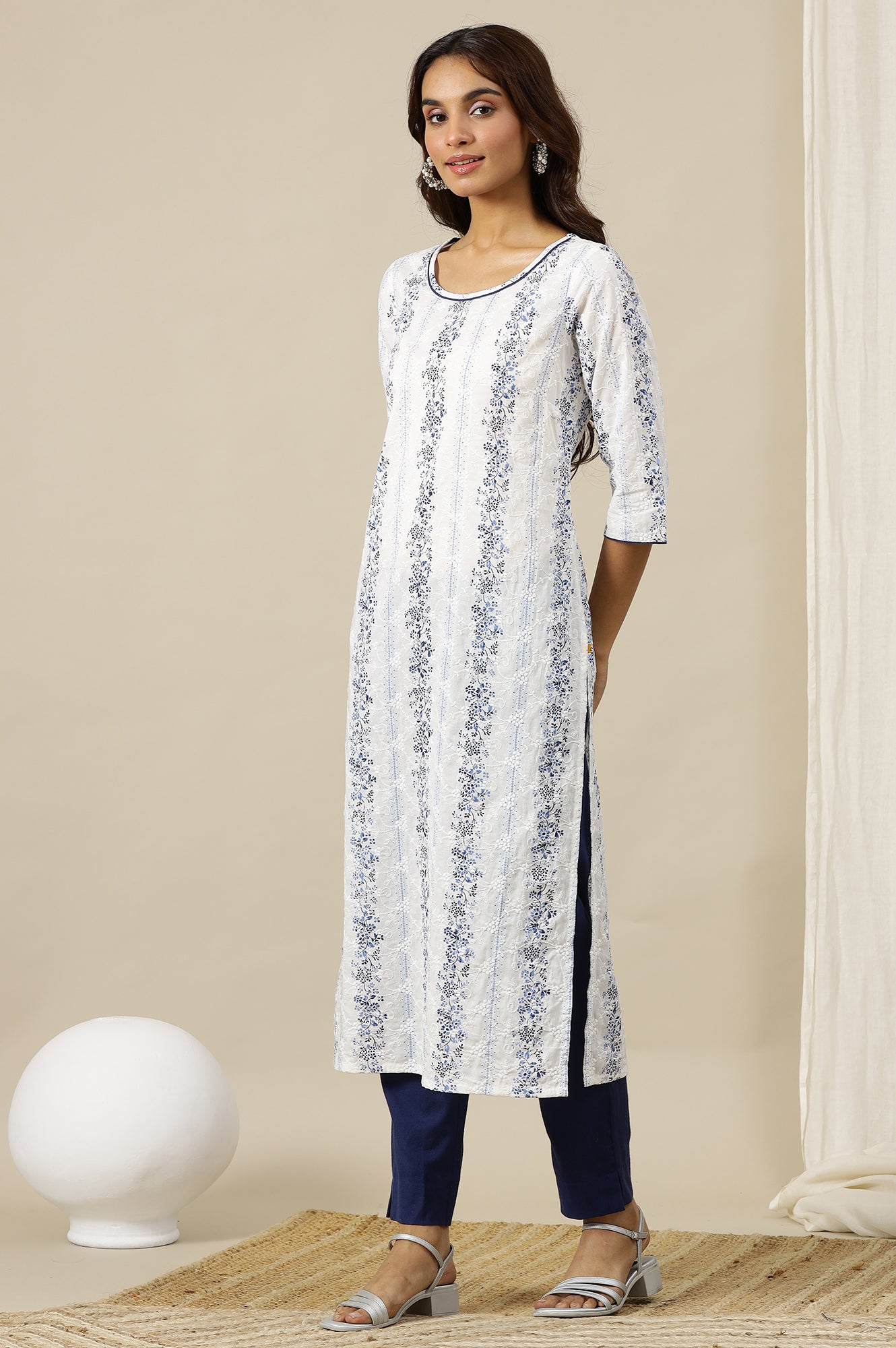 White and Blue Floral Printed Pure Cotton Straight Kurta