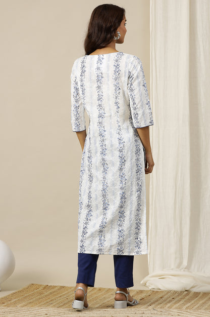 White and Blue Floral Printed Pure Cotton Straight Kurta