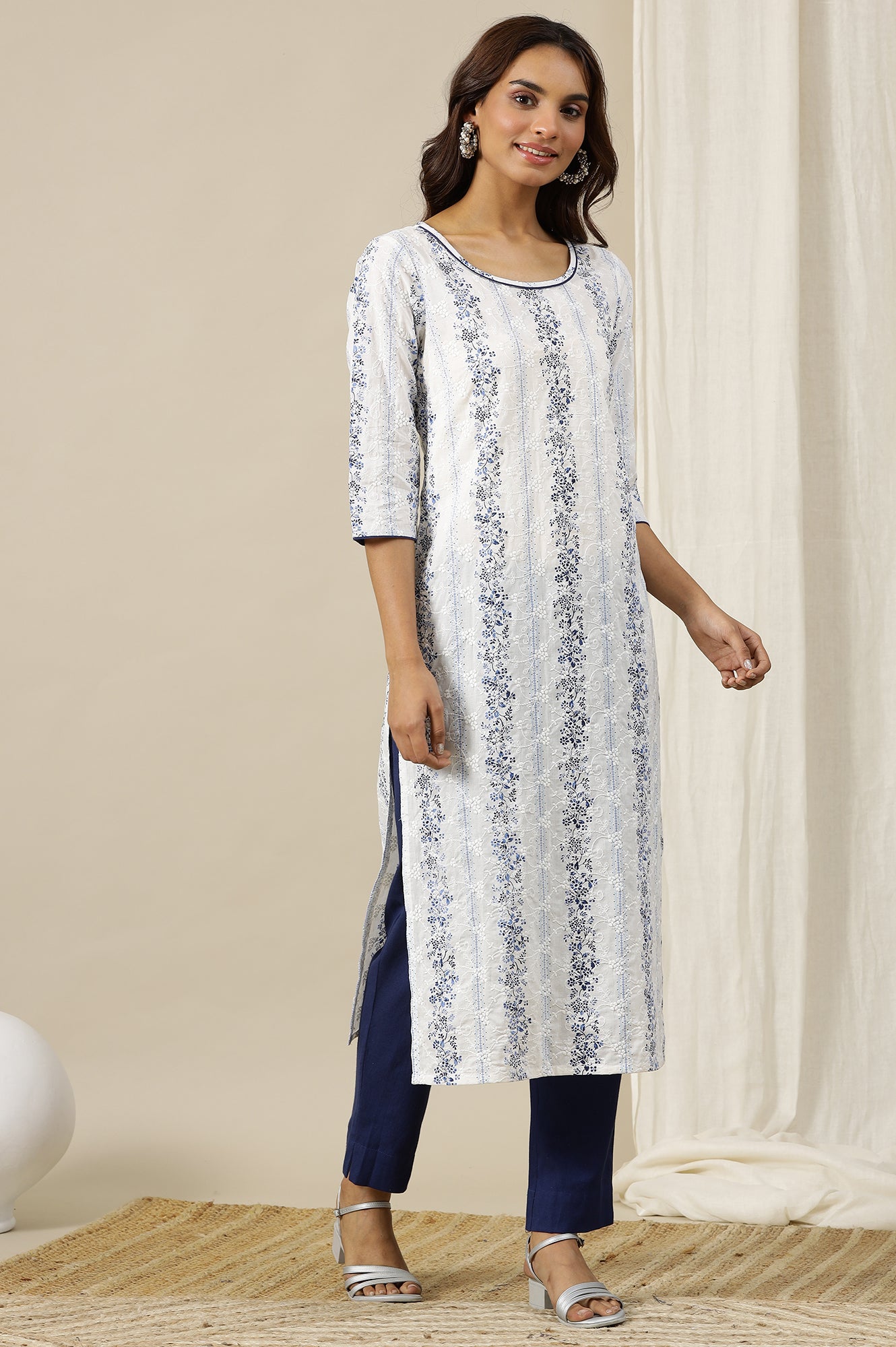 White and Blue Floral Printed Pure Cotton Straight Kurta