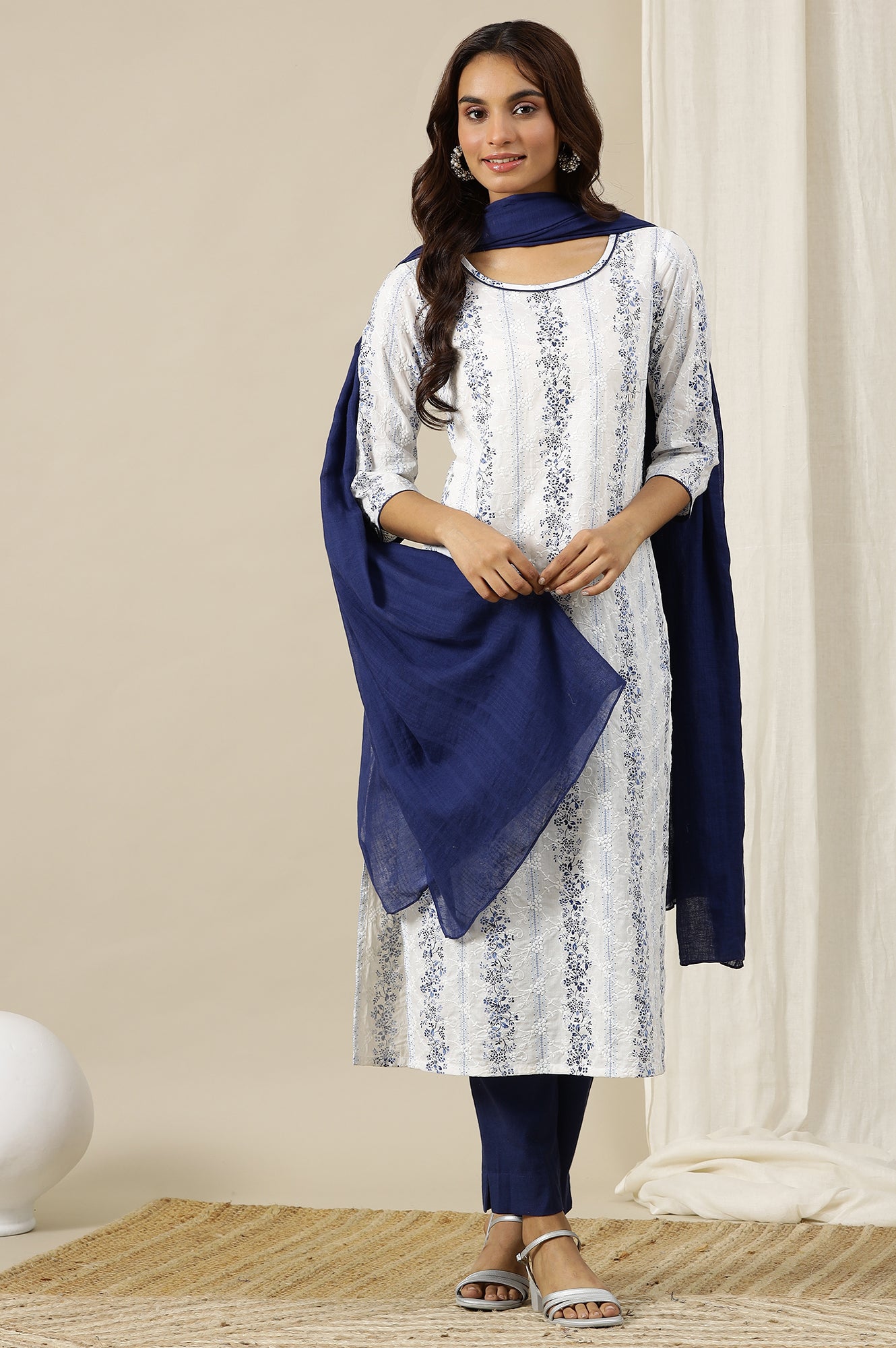 White and Blue Floral Printed Pure Cotton Straight Kurta