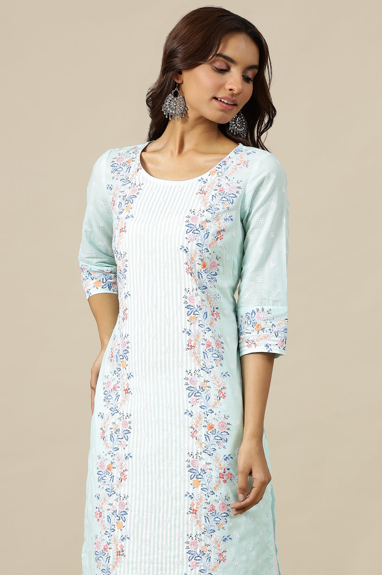 River Green Floral Printed Schiffli Embroidered Breezy Rayon Straight Kurta