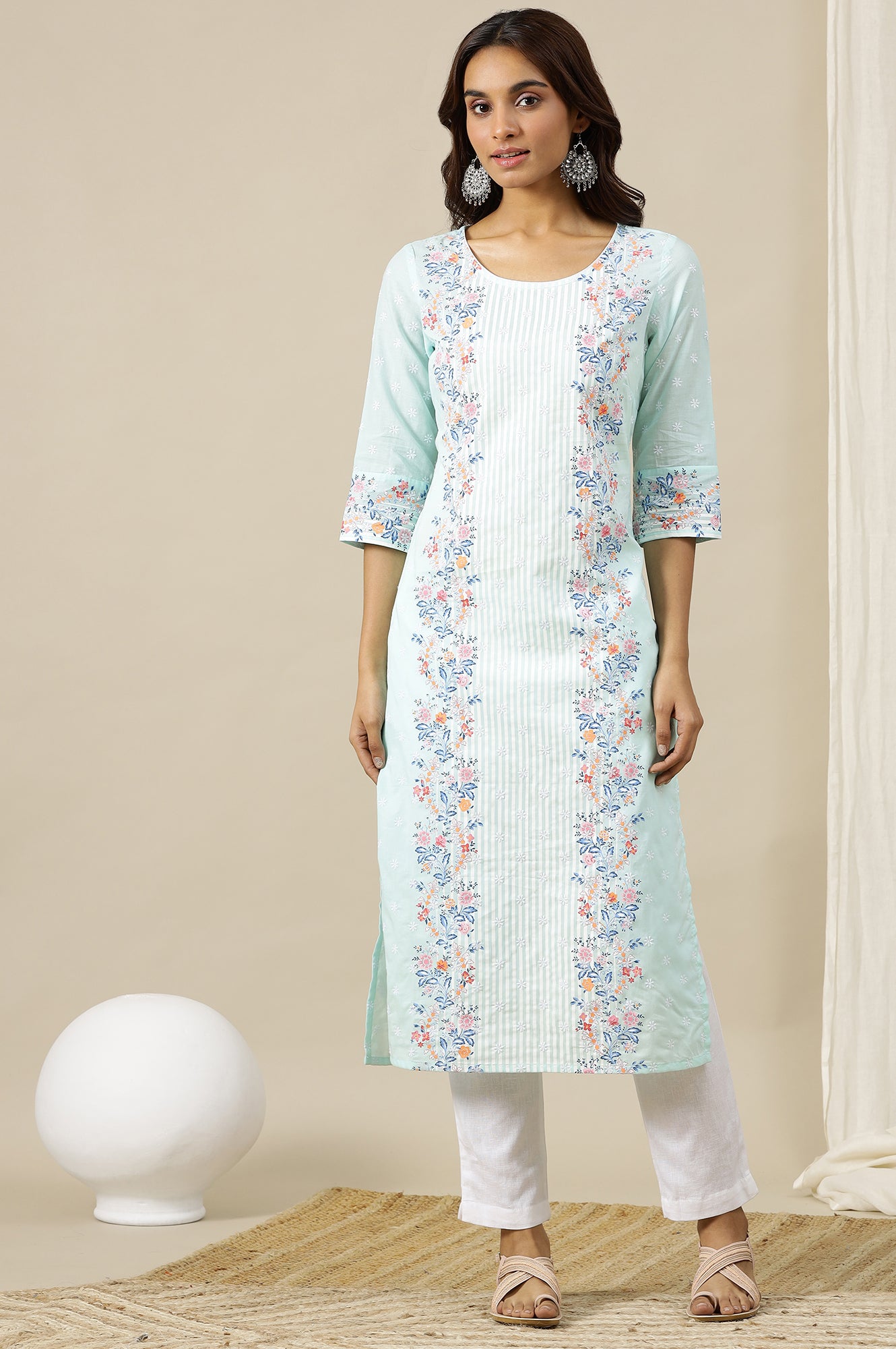 River Green Floral Printed Schiffli Embroidered Breezy Rayon Straight Kurta