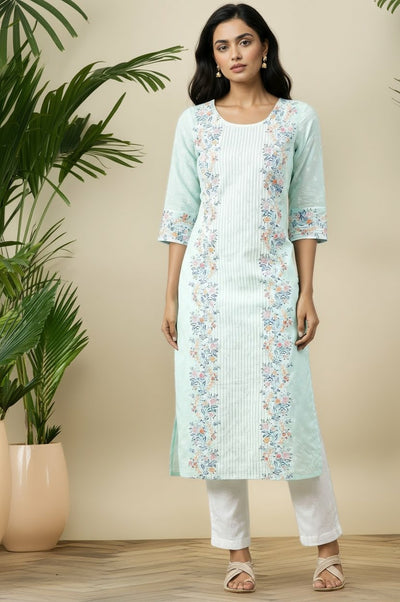 River Green Floral Printed Schiffli Embroidered Breezy Rayon Straight Kurta
